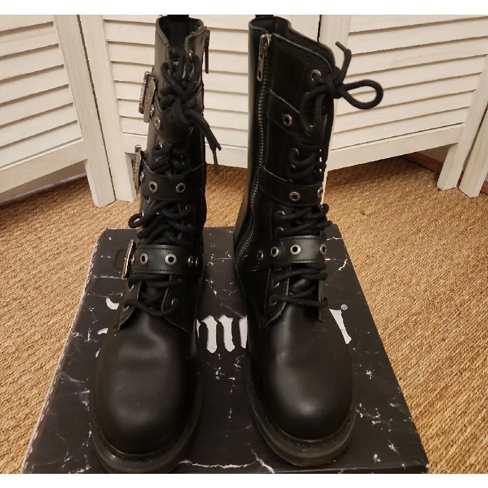 Demonia Black Combat Boots with Silver Buckles BOLT330/BLV Size 11 NWT